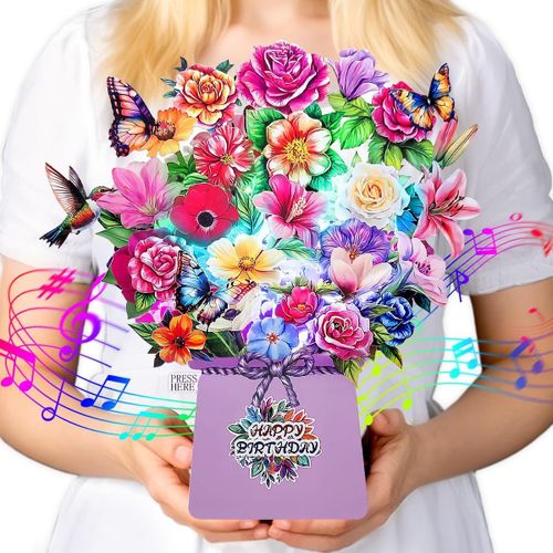 BLAZEFLUX-Carte anniversaire musicale lumineuse 10 pouces, bouquet 3D fleurs eternelles pour femme, epouse, mere, fille, soeur