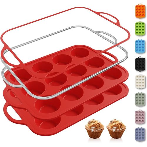 Blazeflux-2 Moules A Muffins Silicone 12 Tasses Cadre Metal, Moules A Cupcakes, Oeufs, Cookies, Tarte, Plateau Cuisson Dejeuner