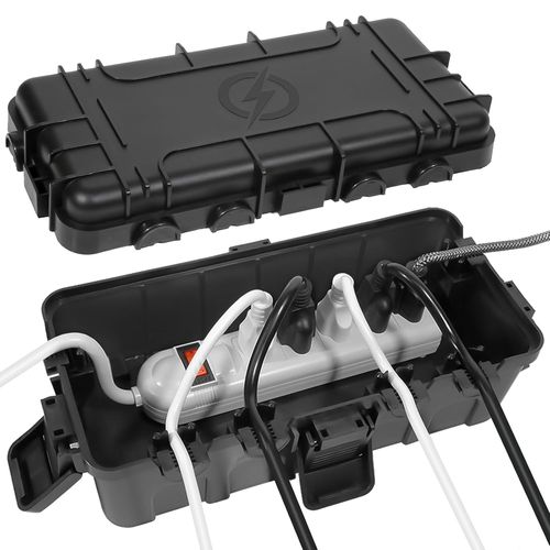 BLAZEFLUX-Boitier electrique exterieur moyen (29x14x10cm), IP54, 6 entrees cables, pour multiprise, timer, decorations, noir