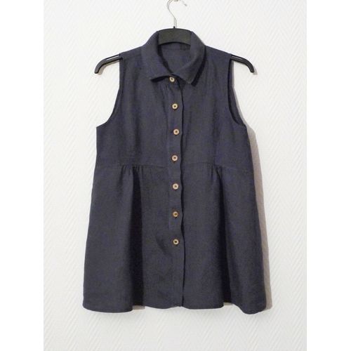 Chemise/ Blouse En 100% Lin Bleu Sans Manches- Taille S