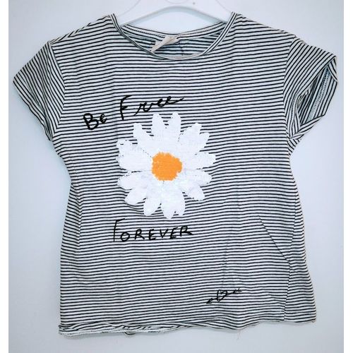 T-Shirt Blanc Rayé Marine Motif Fleur Zara - T 6 Ans
