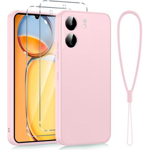 Coque Pour Xiaomi Redmi 13c 4g 6.74"" Avec 2 Pièces Verre Trempé, Protection Complète Silicone Housse Fine Antirayures Anti Jaunissement Étui Pour Redmi 13c Con Cordon Antichoc Case,Rose.[S4029]