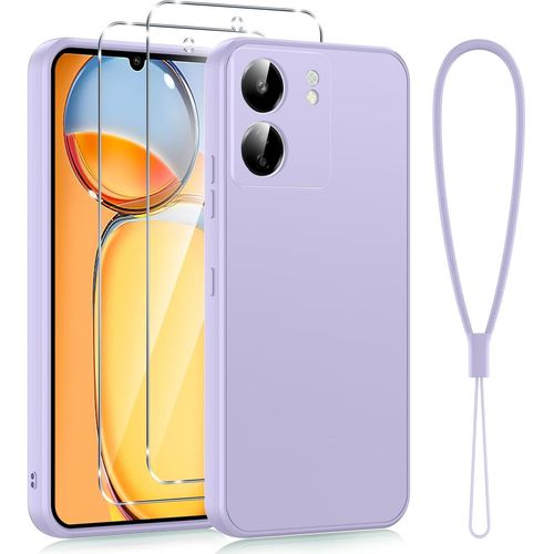 Coque Pour Xiaomi Redmi 13c 4g 6,74"" Avec 2 Pièces Verre Trempé, Protection Complète Silicone Housse Fine Antirayures Anti Jaunissement Étui Pour Redmi 13c Con Cordon Antichoc Case,Violet.[S4028]
