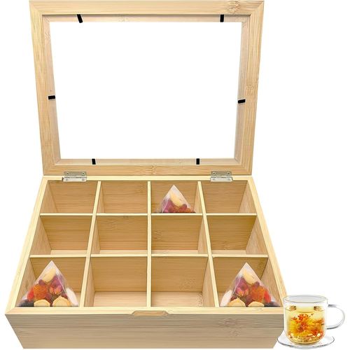 Kal-Boîte À Thé En Bambou Avec 12 Compartiments 28 X 22.5 X 9 Cm, Boîte À Thé Avec Couvercle Fenêtre Transparente, Boîte De Rangement Pratique Pour Les Sachets De Thé, Pour Conserver Les Arômes