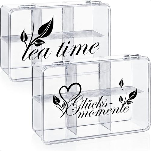 Kal- 2x Boîte De Rangement Pour Thé Et Sachets De Thé - Boîte À Thé En Plastique Transparent Avec 6 Compartiments - Boîte À Thé Pour Le Stockage Du Thé (2 Pièces - Glücksmomente & Teatime)