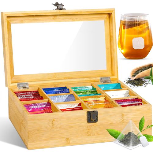 Kal-Boîte À Thé, Boîte À Thé En Bois Avec 10 Compartiments 29.5 X 16 X 9 Cm, Boîte À Thé Avec Couvercle Fenêtre Transparente, Conservation Du Thé, Boîte À Sachets De Thé Pour Conserver Les Arômes