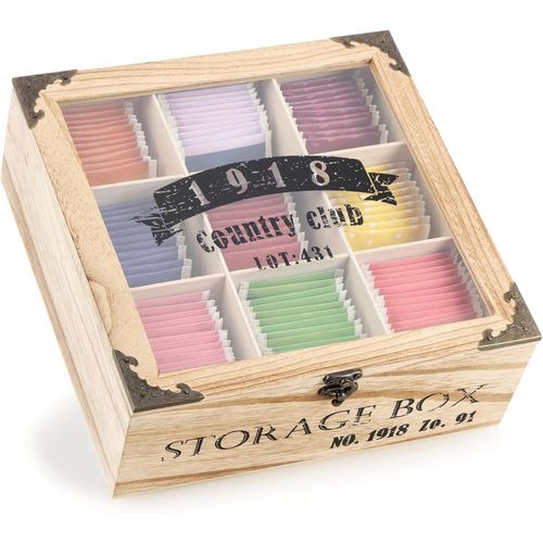 Kal- Boîte De Rangement Pour Sachets De Thé Rustique - Boîte À Thé Avec 9 Compartiments, Fenêtre Et Fermeture - Boîte À Thé De Style Campagnard (Rustique - 1918-9 Compartiments)