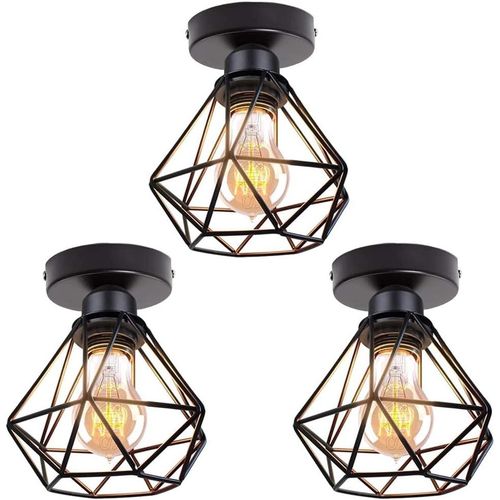 Kal-Lot De 3 Plafonniers Industrielles Vintages Luminaires E27 Rétro Lustre Suspension Design Métal Cage Ø160mm Éclairage Plafond Pour Salon Cuisine Chambre