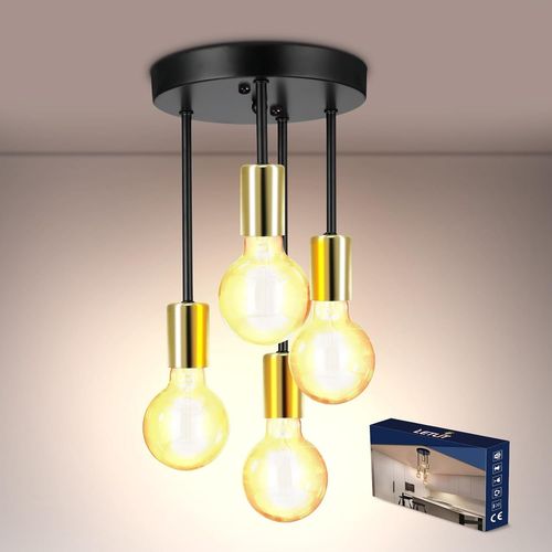 KAL-Plafonnier 4 Flammes - Plafonnier Vintage Noir + Or, E27 Lampe De Cuisine Suspendu Lustre, Plafonnier Industriel Rétro Pour Salle À Manger Cuisine Salon Bar Restaurant