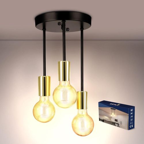 KAL-Plafonnier 3 Flammes - Vintage Plafonnier Noir + Or, E27 Lampe De Cuisine Suspendue Lampe Lustre, Rétro Industriel Spots De Plafond Pour Salle À Manger Cuisine Bar Restaurant