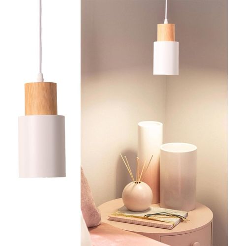 KAL-Plafonnier Suspendu - Style Nordique Minimaliste - Abat-Jour Cylindrique Ø10Cm En Acier Laqué Blanc Avec Détail En Bois Naturel - Culot E27 Pour Cuisine, Salle À Manger Et Chambre