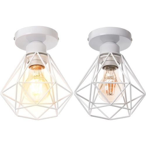 KAL-Plafonnier Industrielle Vintage Design Rétro Cage En Métal Fer Forge, Suspension Luminaire E27 Lampe De Plafond Diamant Ø16Cm (2Pcs Blanc)