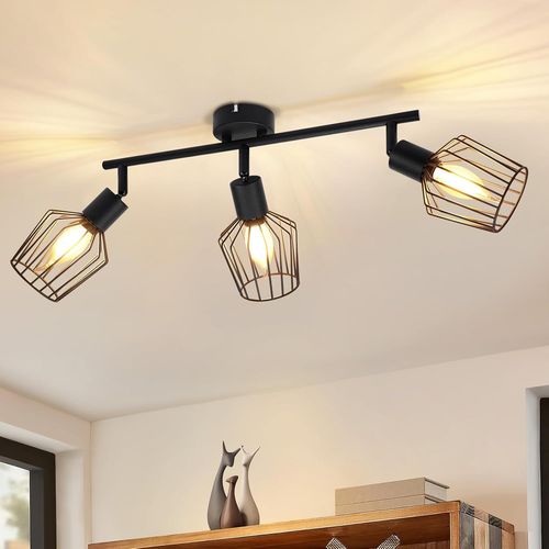 KAL-Plafonnier Industriel Noir Led - Luminaires Intérieur Vintage Lampe Plafond 3 Spots De Plafond Orientable E14 Lustre Salon Chambre Cuisine, Base Droit