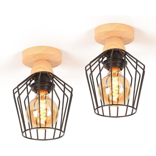 Kal-2pcs Industriel Plafonnier Luminaire Vintage Lustre Plafonnier Bois E27 Abat-Jour Cage En Métal Design Lampe De Plafond Rétro Noir Pour Cuisine Escalier Couloir