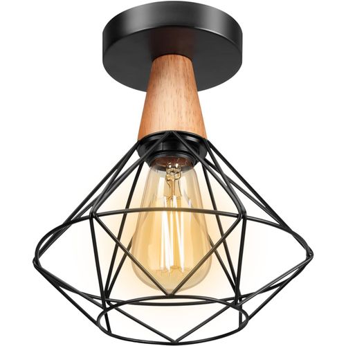 Kal-Plafonnier Industriel, E27 Plafonnier Vintage En Métal Cage Et Bois, Suspension Luminaire Rétro Design Chambre, Luminaires Intérieur Pour Salon, Chambre, 22cm(Ampoule Non Incluse)