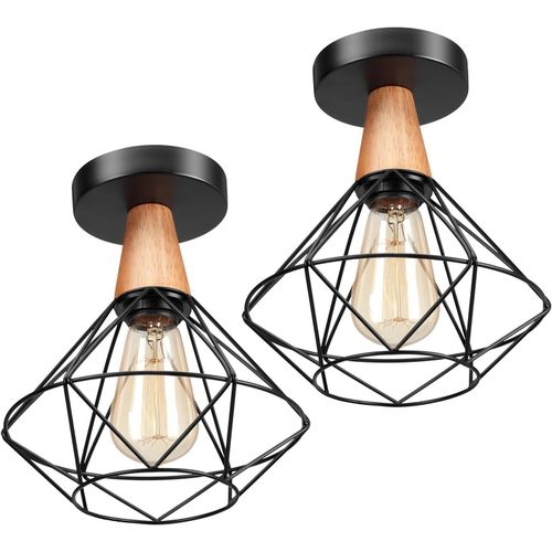 Kal-2 Pièces Plafonnier Industriel, E27 Plafonnier Vintage En Métal Cage Et Bois, Suspension Luminaire Rétro Design Chambre, Luminaires Intérieur Pour Salon, Chambre 22cm(Ampoule Non Incluse)