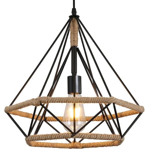 Kal-Suspension Lustre Industrielle Vintage, E27 Forme De Diamant Luminaire Plafonnier En Métal, Corde De Chanvre Lampe De Plafond Retro Pour Salon Cuisine Chambre Café-Bar (25cm)