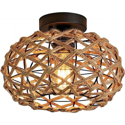 KAL-Plafonnier Vintage Industrielle E27 Lampe De Plafond Rétro Ø25Cm Abat-Jour Cage En Métal Et Corde De Chanvre Luminaire Plafonnier Pour Salon Chambre Cuisine Loft