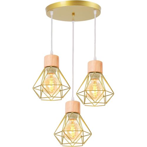 Kal-3 Lampes Suspensions Luminaire Industrielles, Plafonnier E27 Vintage Lustre Doré Salon Lampe Plafond Métal Et Bois Forme Cage Ø160mm Éclairage De Plafond Interieur