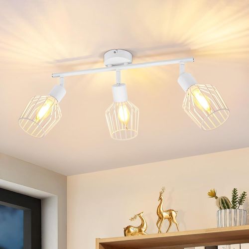 KAL-Plafonnier Industriel Blanc Led - Luminaires Intérieur Vintage Lampe Plafond 3 Spots De Plafond Orientable E14 Lustre Salon Chambre Cuisine, Base Droit