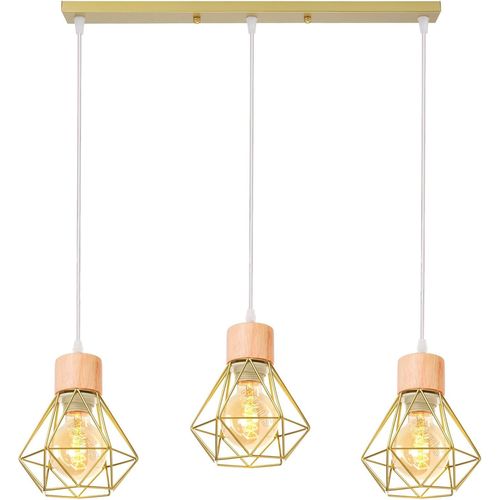 Kal-3 Lampes Suspensions Luminaire Industrielles, Plafonnier E27 Vintage Lustre Doré Salon Lampe Plafond Métal Et Bois Forme Cage Ø160mm Éclairage De Plafond Interieur (3 Lampes-Avec Bois-Barre)