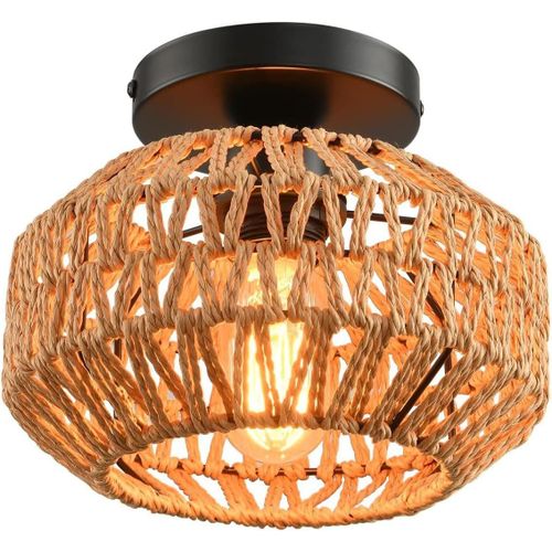 KAL-Plafonnier Vintage Industrielle Lampe De Plafond Rétro Abat-Jour Cage En Métal Et Rotin E27 Luminaire Plafonnier Pour Chambre À Coucher Cuisine Couloir, Ø20Cm