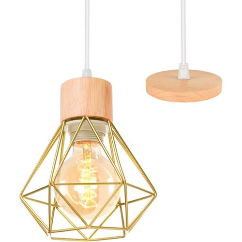Kal-E27 Plafonnier Industriel Suspension Luminaire Vintage Design Lustre Métal Rétro Forme Cage Ø160mm Éclairage Plafond 40w, Doré (Lustre Avec Bois -1pcs)