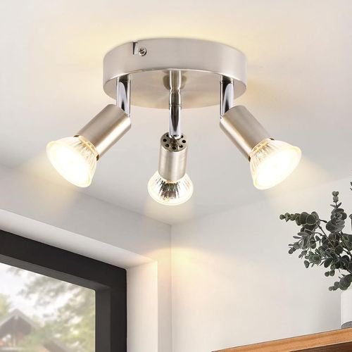 Kal-Spot De Plafond Led 3 Spots Plafonnier - Plafonnier Gu10 Orientable 330° Lampe Couloir Moderne Spot De Plafond Rond Métal Chrome Salon Chambre Cuisine Salle À Manger Sans Ampoule