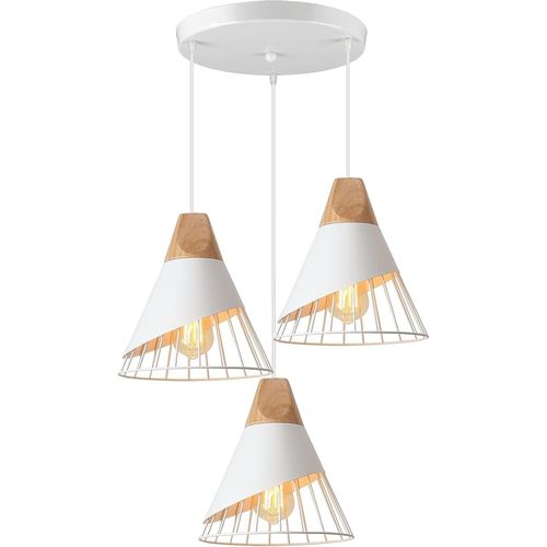 Kal-Suspension Luminaire Moderne Industrielle Bois Lustre Abat-Jour Métal Vintage Forme Cage Ø25cm Plafonnier E27 Design Pour Cuisine Chambre Salon (3 Lampes - Blanc - Base)