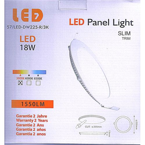 Kal-Panneau Downlight Led Rond 18 W (Eq. 140 W) | 22 Cm | 1550 Lm 3000 K (Lumière Chaude) | Extra Plat En Aluminium | Encastrable Au Plafond | Durée De Vie 30 000 H Et Plus De 15 000 Allumages |