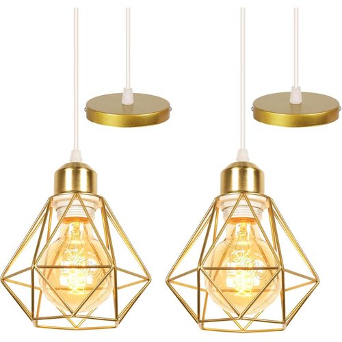 Kal-Lot De 2 Suspensions Luminaires Industrielles Lustres Métal Rétro Forme Cage Ø160mm Plafonnier E27 Doré Lampe Pour Salon Chmabre Cuisine (Lustre-2pcs)