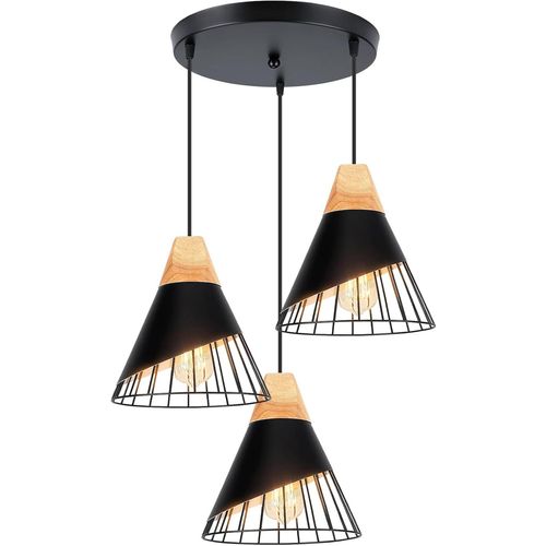 Kal-Suspension Luminaire Moderne Industrielle Bois Lustre Abat-Jour Métal Vintage Forme Cage Ø25cm Plafonnier E27 Design Pour Cuisine Chambre Salon (3 Lampes - Noir - Base)