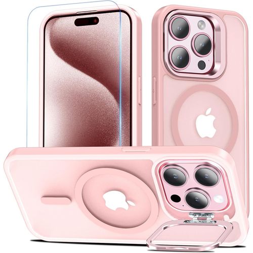 Magnétique Coque Pour Iphone 15 Pro, Compatible Avec Magsafe Avec Verre Trempé, Coque Avec Caméra Béquille Antichoc Protection Etui Housse Case Pour Iphone 15 Pro (Rose)