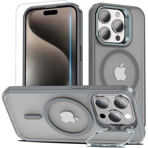 Magnétique Coque Pour Iphone 15 Pro, Compatible Avec Magsafe Avec Verre Trempé, Coque Avec Caméra Béquille Antichoc Protection Etui Housse Case Pour Iphone 15 Pro (Gris)