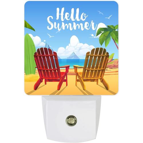 Bonjour Été Plage Chaise De Plage Cocotier Led Veilleuse Avec Capteurs Crépuscule À L'aube, Lumière De Sommeil De Chambre