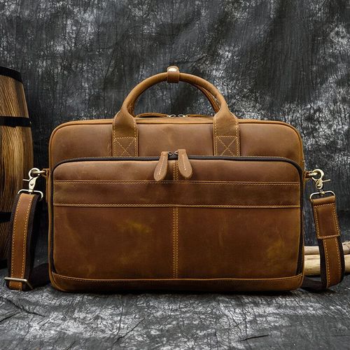 mallette en cuir de cheval fou pour hommes,sac à main d'affaires en cuir de vache 15.6 pouces,portefeuille pour ordinateur portable,sac messager à bandoulière - LIGHT BROWN