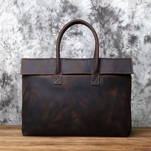 mallette rétro en cuir pour hommes,sac à main décontracté,couche supérieure en peau de vache,sac d'affaires pour tablette,pochette fine pour ordinateur portable 16 pouces - Dark brown (large)