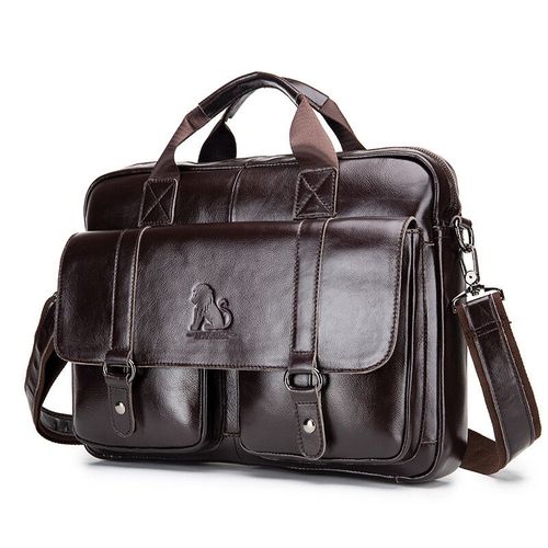 Porte-documents en cuir véritable pour homme,double poche avant,sac d'ordinateur de grande capacité,sac à main croisé alertes onal - 91503-Coffee