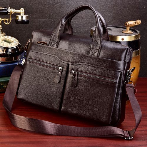 Étui Bombes en Cuir group Souple pour Homme,Sac d'Affaires pour Ordinateur Portable 15 Pouces,Cuir de Vache Double Couche,Sacoche de Travail,Fourre-Tout Noir - Coffee