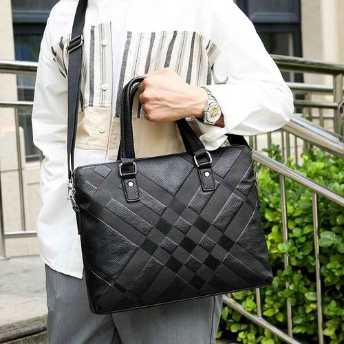 Sacs pour ordinateur portable à rayures pour hommes,véritable cuir de vache,étui à bombes pour hommes,marque de luxe,sacs à main pour hommes,sac d'ordinateur Messenger 14 pouces - Black