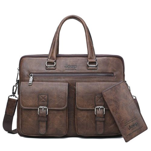 JEEP BULUO Marque Man'sBusiness Sac Cartable 2 pcs/set Split En Cuir De Haute Qualité Hommes Sacs de bureau Pour 13. Pc portable 3 pouces A4 décontracté - Brown 8006-8888