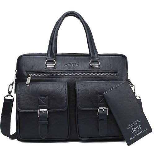 JEEP BULUO Marque Man'sBusiness Sac Cartable 2 pcs/set Split En Cuir De Haute Qualité Hommes Sacs de bureau Pour 13. Pc portable 3 pouces A4 décontracté - Black 8006-8888