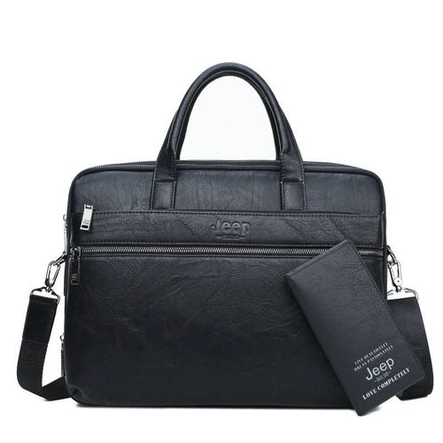 serviette en croûte de cuir pour hommes,sac à bandoulière,sac de bureau,pour ordinateur portable 14 pouces,A4 décontracté,2 pièces/ensemble - Black
