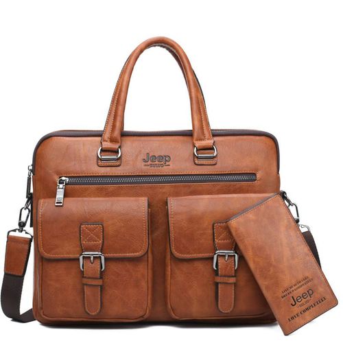 JEEP BULUO Marque Man'sBusiness Sac Cartable 2 pcs/set Split En Cuir De Haute Qualité Hommes Sacs de bureau Pour 13. Pc portable 3 pouces A4 décontracté - Orange 8006-8888