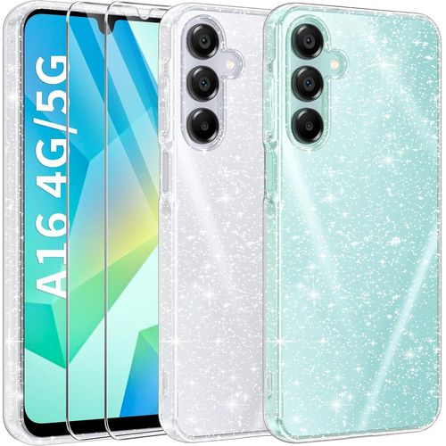 Coque 3 En 1 Compatible Avec Samsung Galaxy A16 5g / 4g, Étui À Paillettes Silicone Souple Tpu Protection Case Avec 2 Films De Protection En Verre Trempé, Transparent Pailleté Protecteur Coque