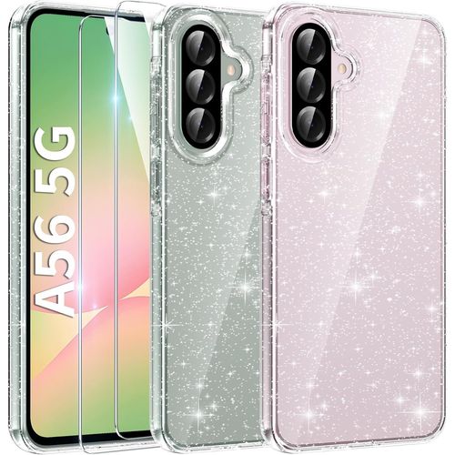 Coque 3 En 1 Compatible Avec Samsung Galaxy A56 5g, Étui À Paillettes Silicone Souple Tpu Protection Case Avec 2 Films De Protection En Verre Trempé, Transparent Pailleté Protecteur Coque