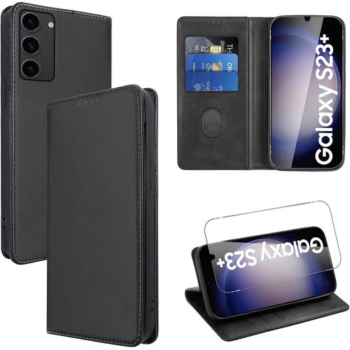 Coque Cuir Pour Samsung Galaxy S23 Plus 5g 6.6"" Avec 1 Verre Trempé Etui À Rabat En Pu Porte-Cartes Portefeuille Support Flip Housse Magnétique Antichoc Anti-Rayures Case,Noir