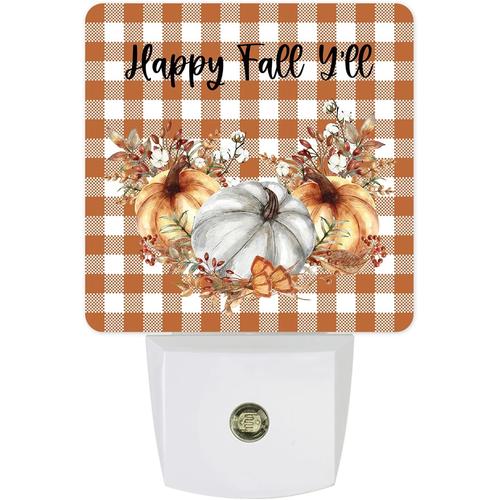 Happy Fall Y'all Veilleuse Led À Carreaux Marron Avec Fleurs De Citrouille Et Capteurs Du Crépuscule À L'aube, Lampe De Nuit Pour Chambre À Coucher