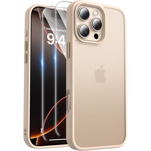 Mat Coque Compatible Avec Iphone 16 Pro Et 2 Pièces Protection Verre Trempé,Protection Antichoc Qualité Militaire,Anti-Jaunissement Étui De Housse Arrière Translucide Givrée,Titane Sable