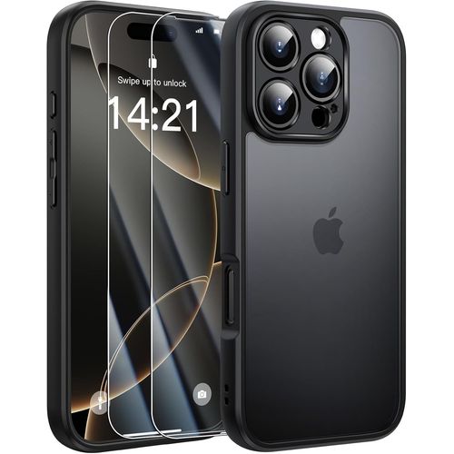 Mat Coque Pour Iphone 16 Pro Avec 2 Verre Trempé, [Protection Caméra] Étui Housse Arrière Translucide Givrée, Coque Fine Antichoc Anti-Traces De Doigts Pour Iphone 16 Pro 6.3"", Noir